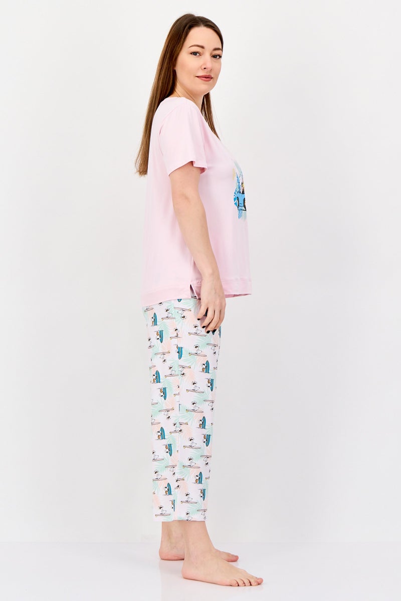 Peanuts Women 2Pcs Snoopy Print Pajama Top And Pants Set, Multicolor - Image 4